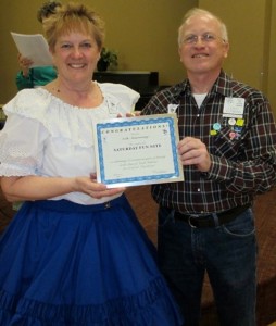 Congratulations to Saturday Fun Nite who is celebrating 35 years of dancing.  Bernadette received the award for them and will be presenting it at one of their club dances.