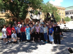 Travelers at the Dr. Seuss Memorial Sculpture Garden.